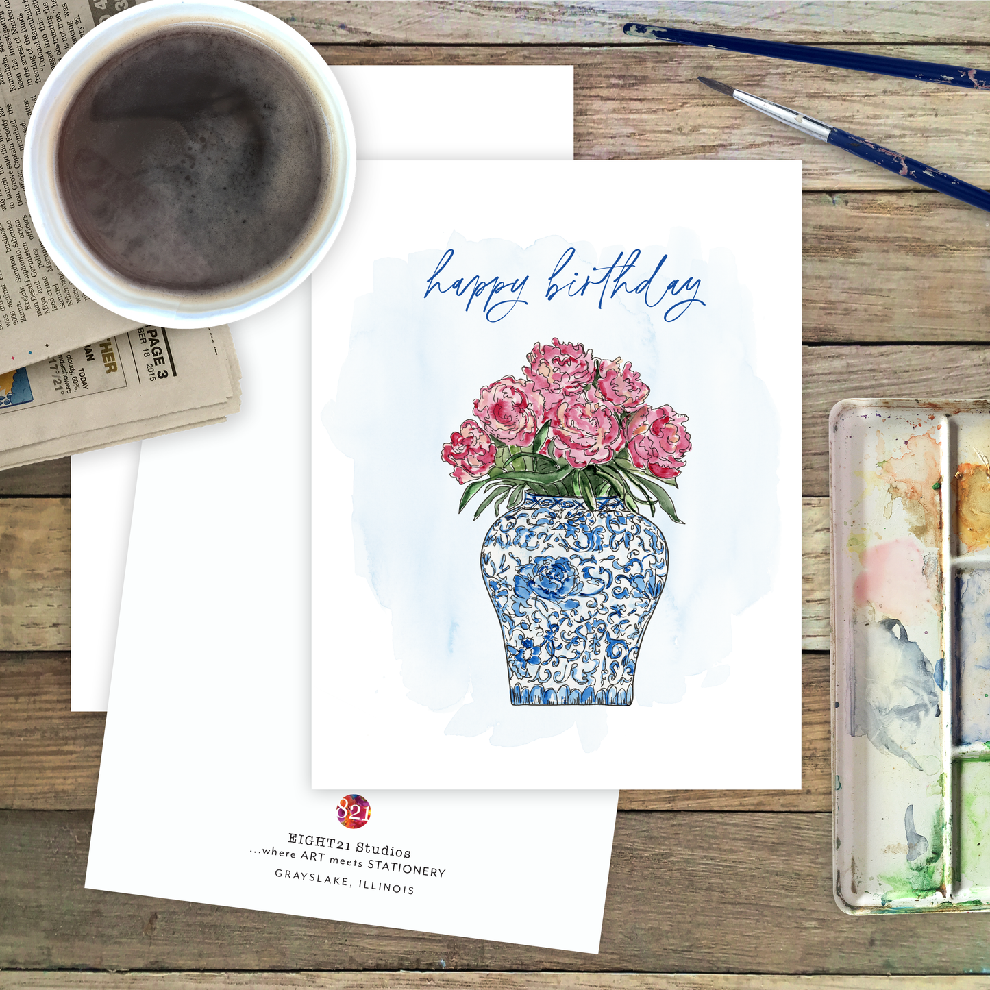 Happy Birthday Card Ginger Jar with Peonies Card