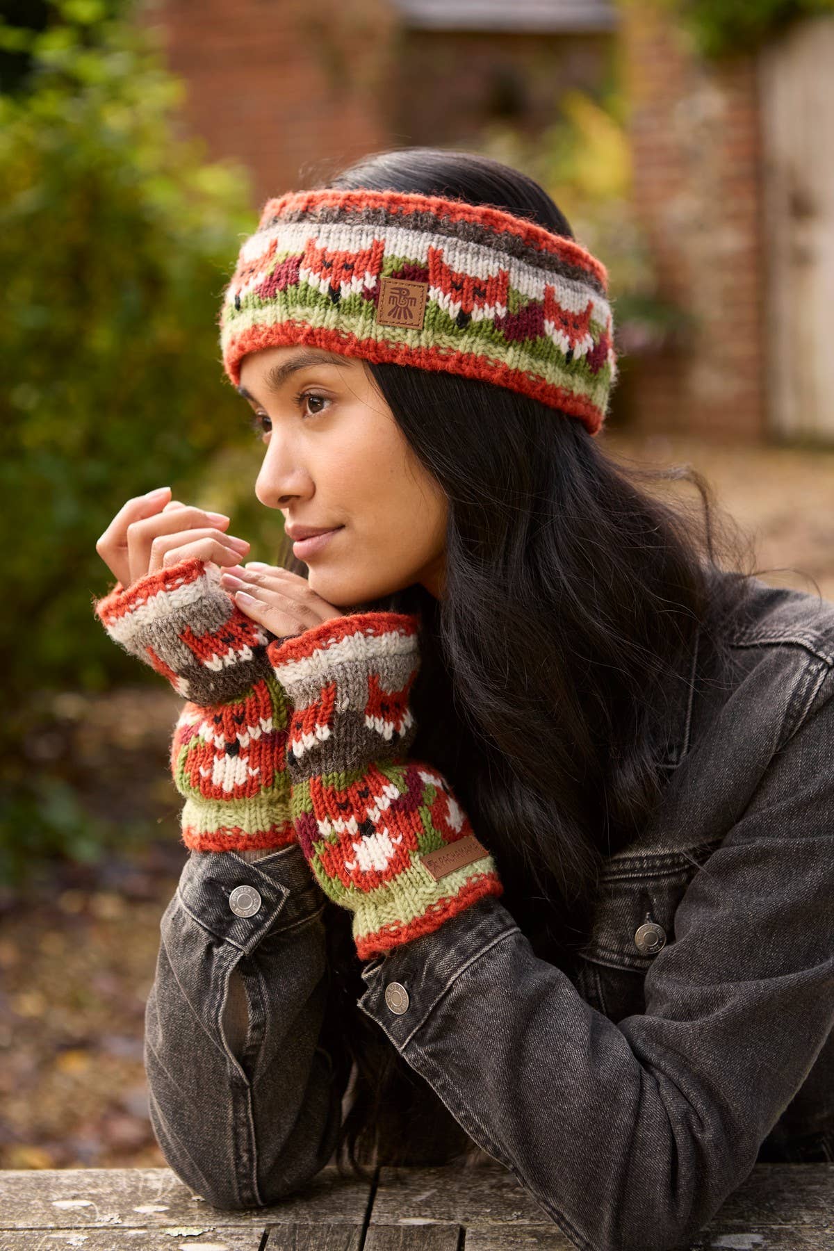 Fair Isle Wool Knit Ear Warmers Red Orange