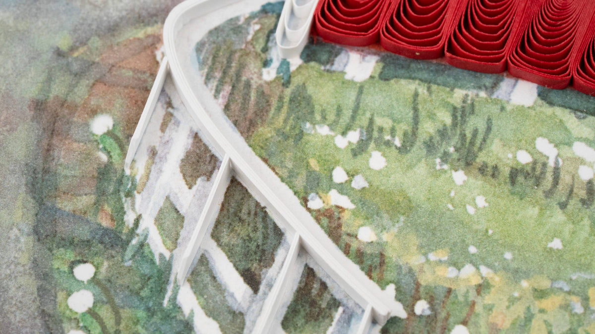 Quilled Red Covered Bridge Greeting Card