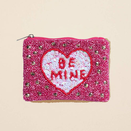 BE MINE Heart Sequin Seed Beaded Mini Pouch Bag