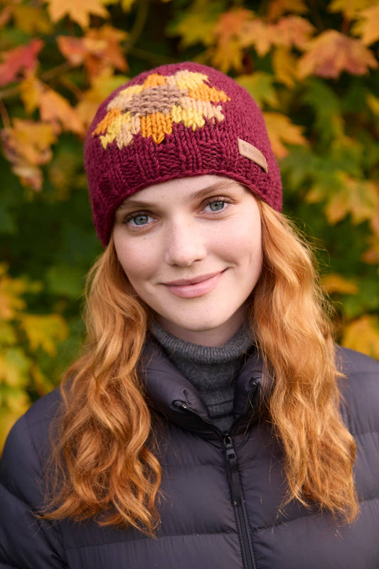 Sunflower Beanie Burgundy Red Floral Motif Burgundy