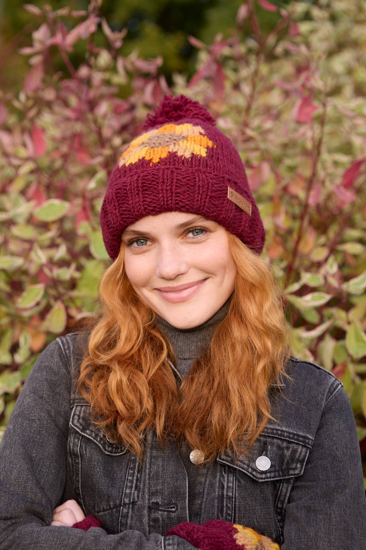 Sunflower Bobble Hat Burgundy Red Floral Motif Burgundy