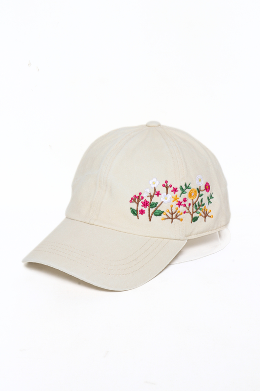 Flowers Side Cotton Baseball Cap: Beige