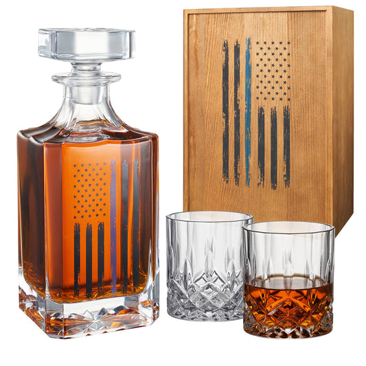 Police Tactical Blue Tattered American Flag Whiskey Gift Set