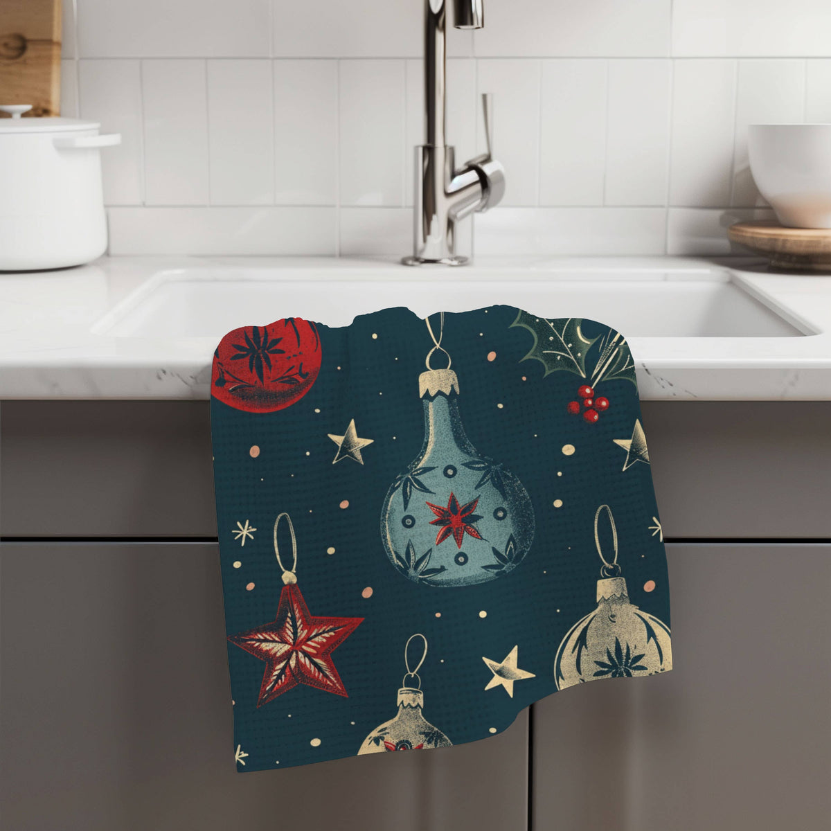 Christmas Tree Navy Ornaments Towel