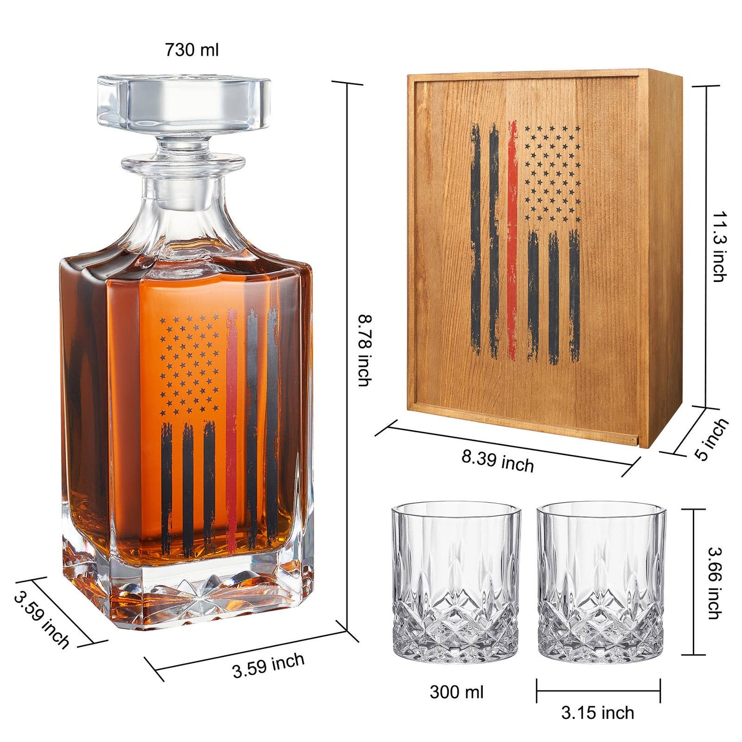 Firefighter Tactical Red Tattered American Flag Decanter Set