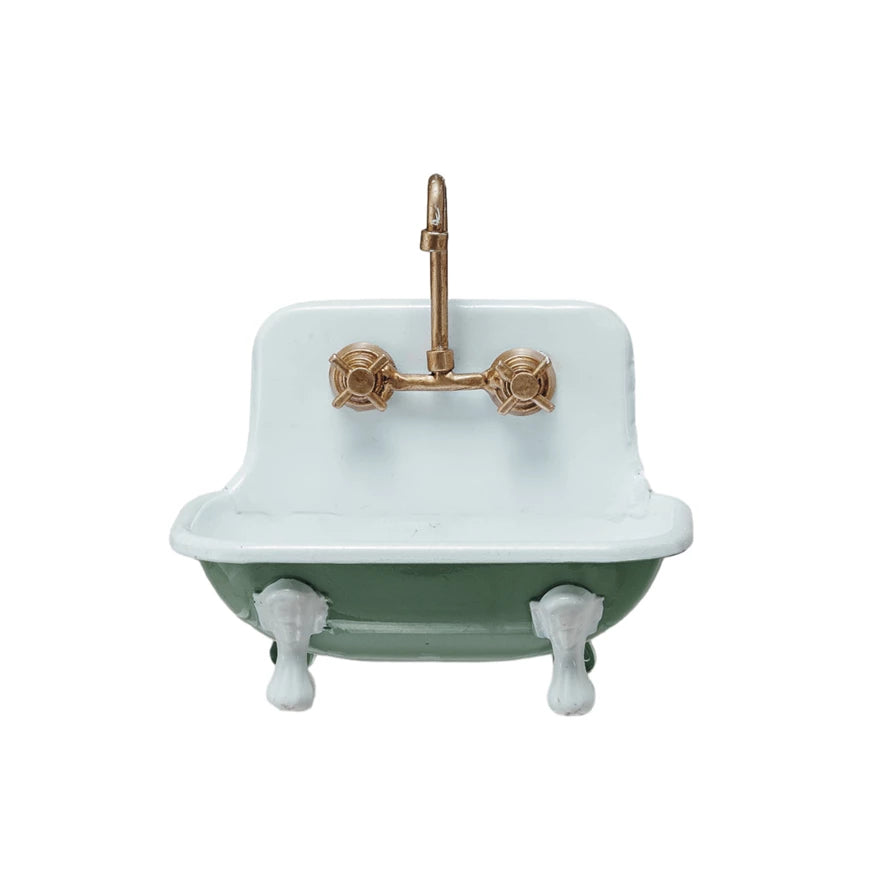 Metal Sink Soap Dish W/Faucet - Green & White