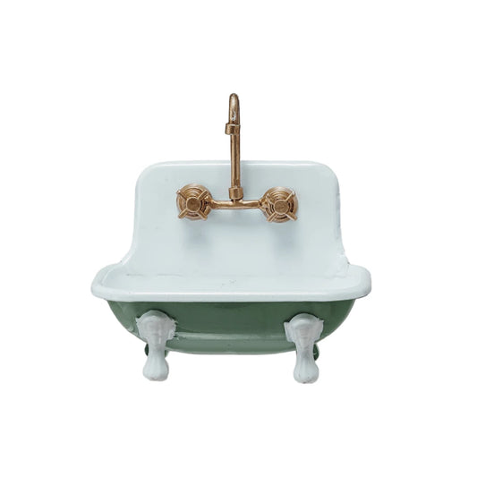 Metal Sink Soap Dish W/Faucet - Green & White