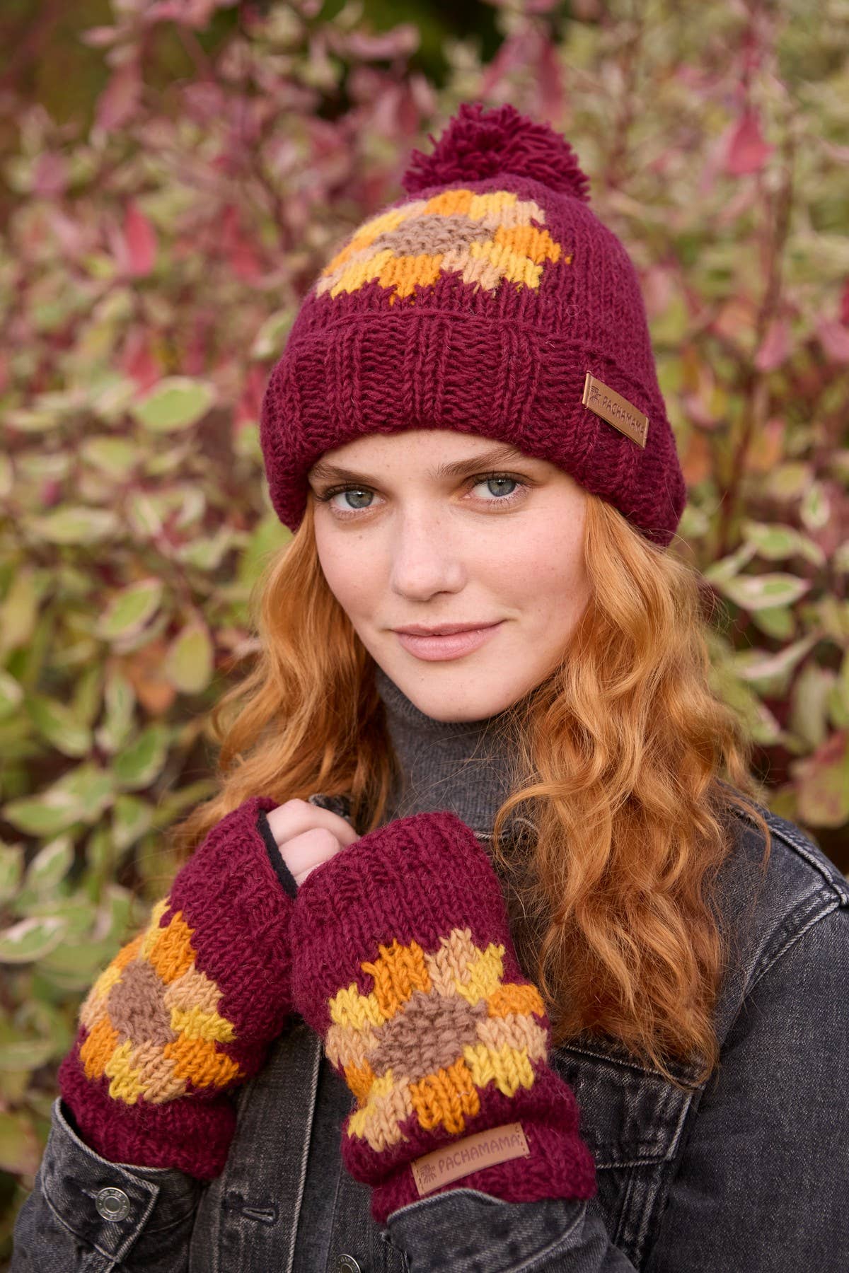 Sunflower Fingerless Gloves Burgundy Red Floral