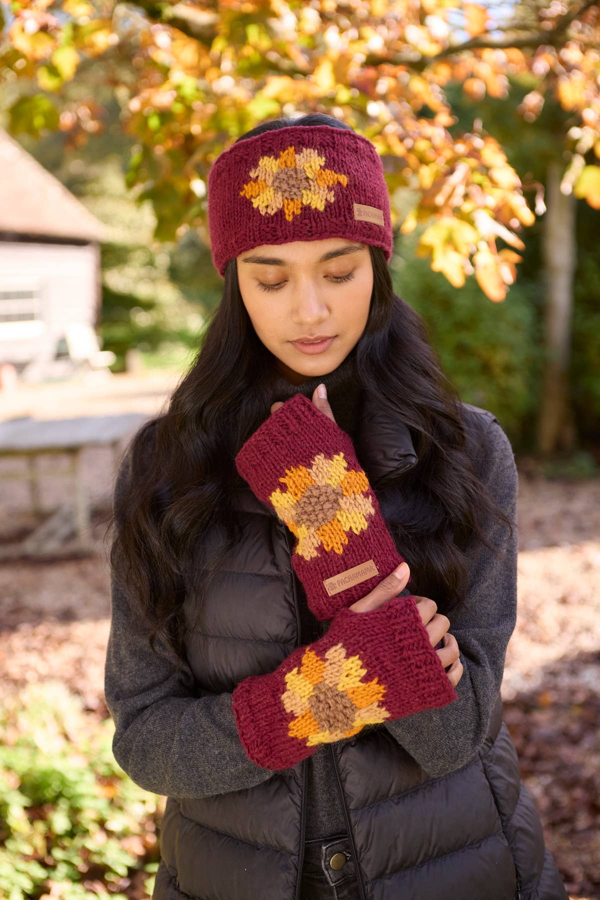 Sunflower Fingerless Gloves Burgundy Red Floral
