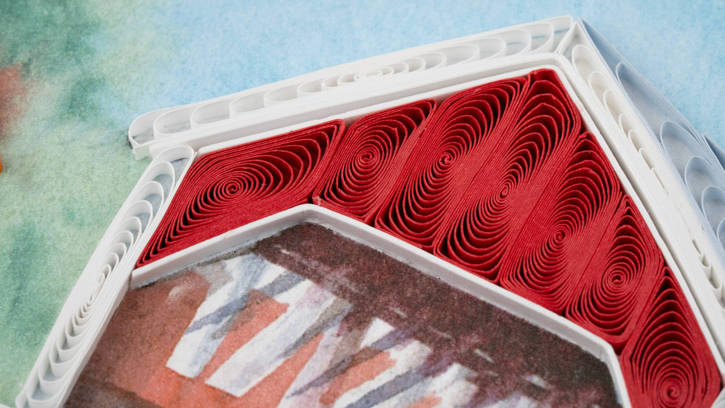 Quilled Red Covered Bridge Greeting Card