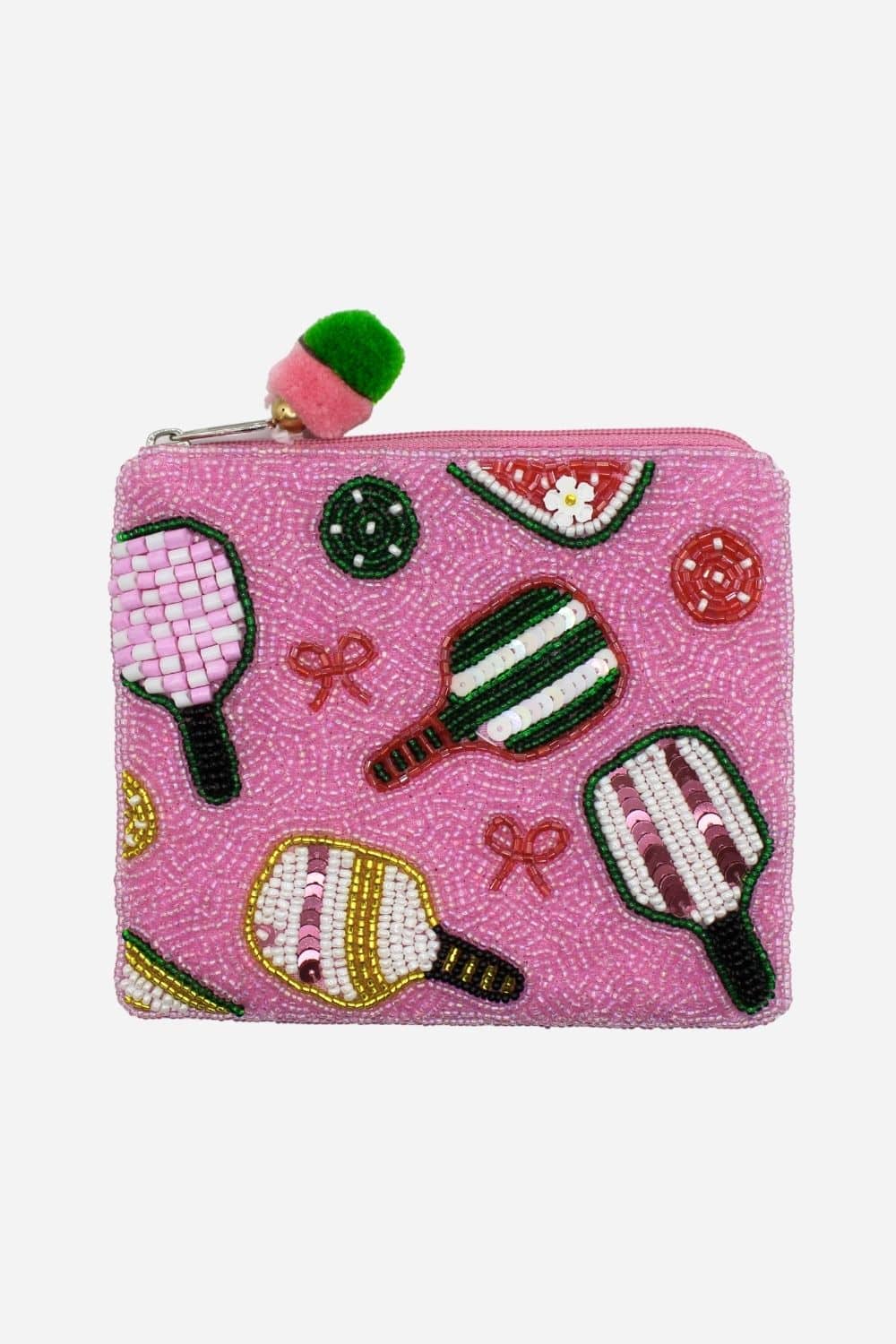Puffy Pickleball Pink Beaded Pouch