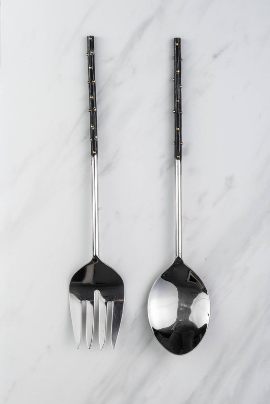 Stainless Steel Black & Gold Dot Handle Servers S/2