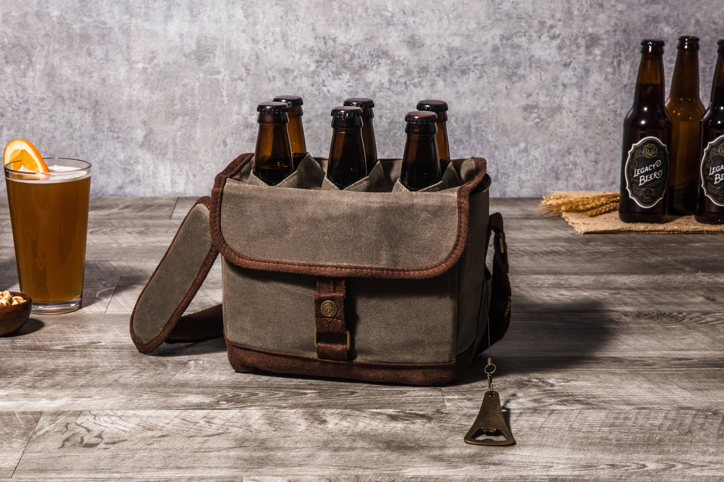 Beer Caddy Cooler Tote with Opener: Black with Brown Accents