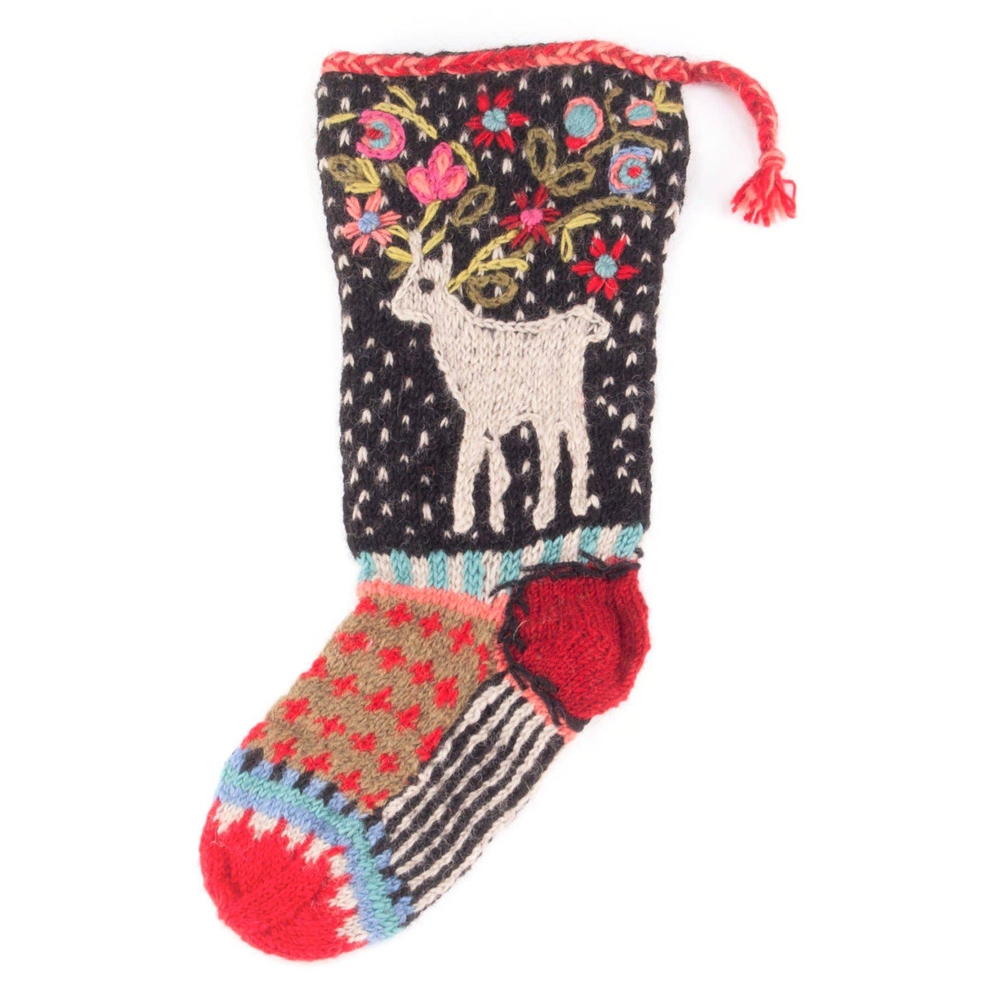 Reindeer - wool knit Christmas Stocking: Black