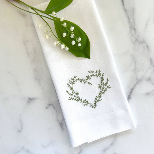 Vineyard Heart Linen Towel - New: White (Green)