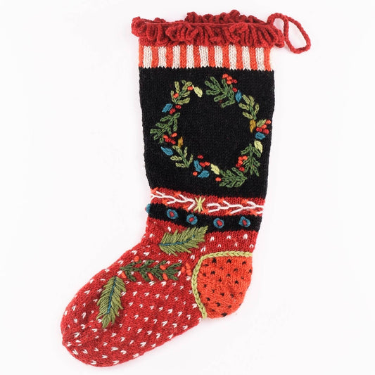 Wreath - wool knit Christmas Stocking: Black