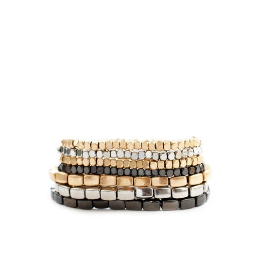 7 strand multi size bracelet set: Gold-silver-hema